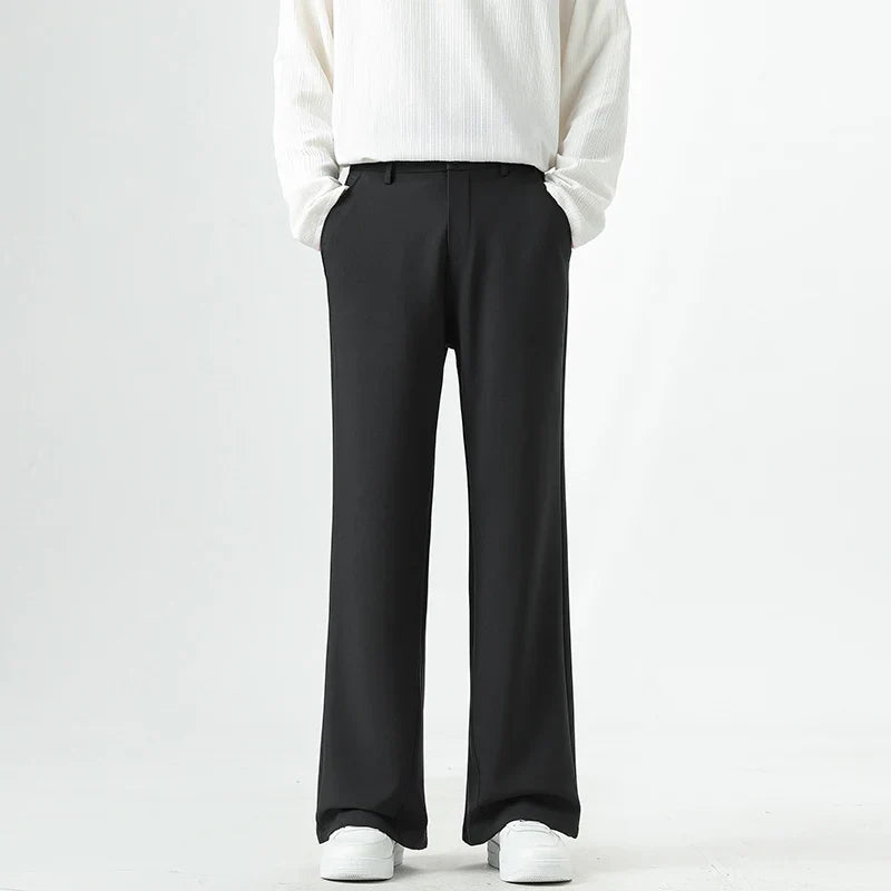 Men's Korean Fashion Small Flared Suit Pants Elastic Waist Drape Loose Straight Solid Color Business Office Casual Male Trousers