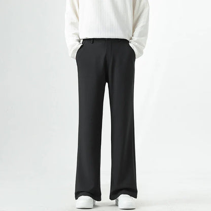 Men's Korean Fashion Small Flared Suit Pants Elastic Waist Drape Loose Straight Solid Color Business Office Casual Male Trousers