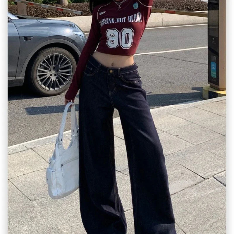Vintage Washed Wide Leg Jeans Women Deep Blue High Waist