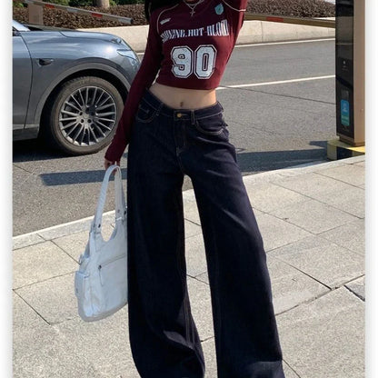 Vintage Washed Wide Leg Jeans Women Deep Blue High Waist