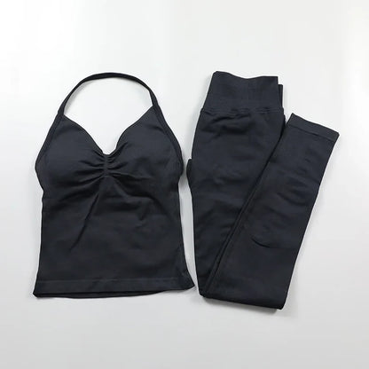 Yoga Longline Strappy Top Leggings Set Women's Backless Camisole Built-In bra Vest High-Waisted Hip Lift Gym Shorts Sports Set