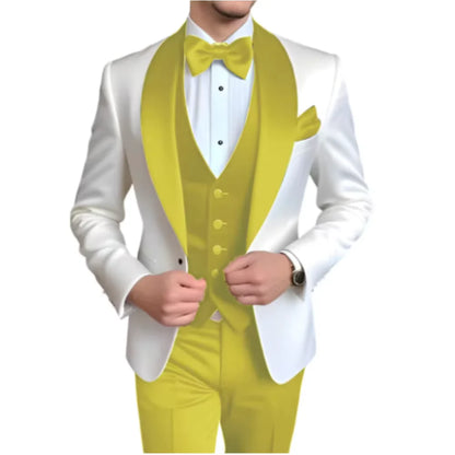 Solid Color Slim Fit Men's Tuxedo 3-Piece Set Fashion Business Wedding Suit with Shawl Lapel Blazer Vest Pants for Groom Party