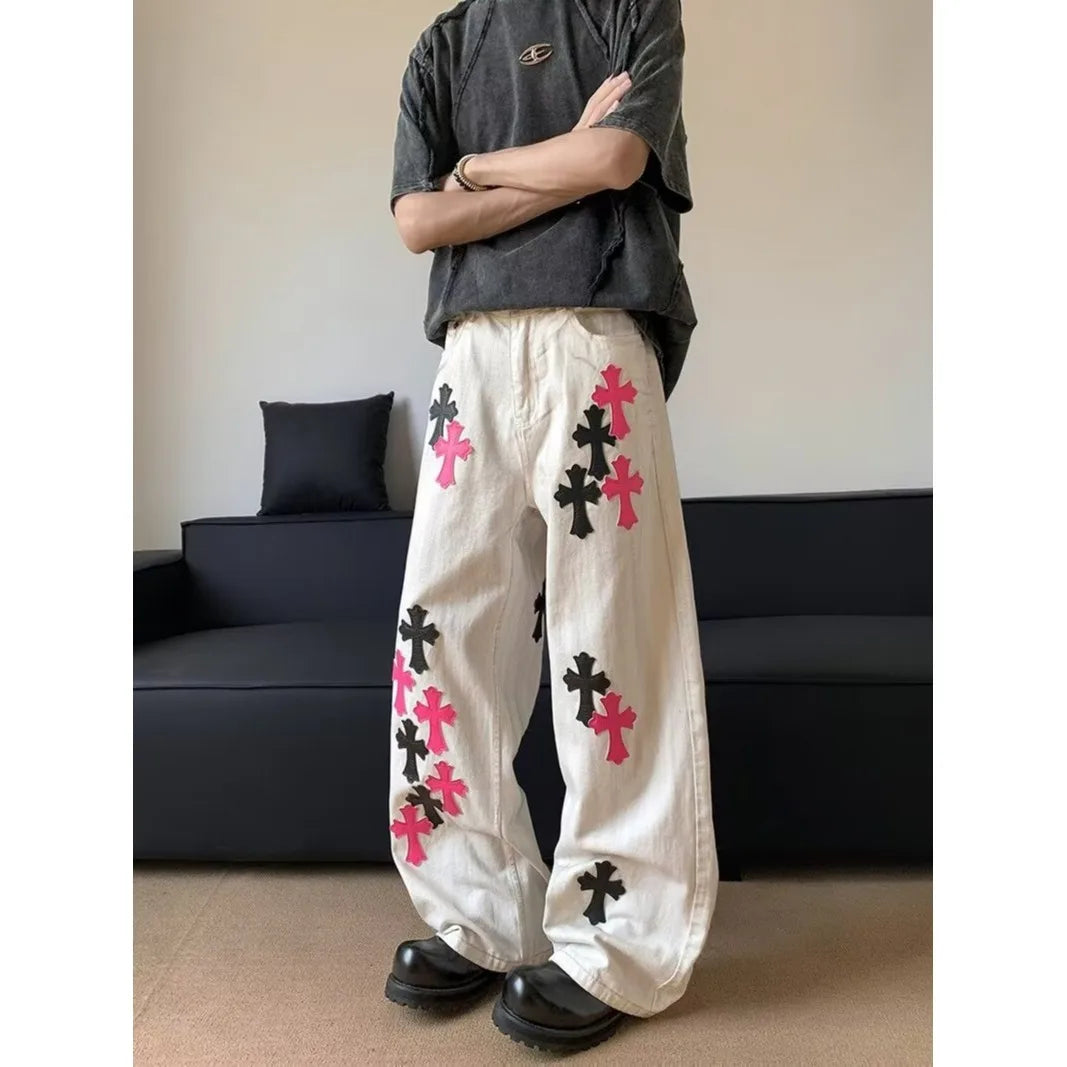 Trendy cross jeans, loose straight leg wide leg casual pants