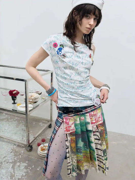 Women's Midi Skirts Tie Dye 2000s Aesthetic Harajuku Japanese Contrast Color Goblin Core American Retro High Street Design New