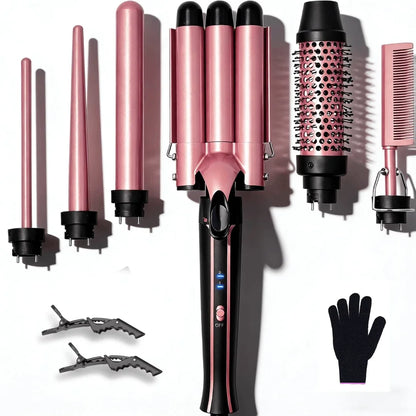 Curling Iron Set 6-in-1 Hair Curler with 3 Barrel Hair Crimper, Hair Straightener - Waver Heating Styling Tools for Women