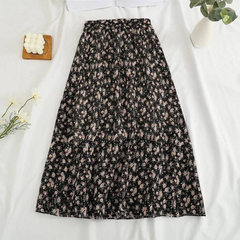 Women's Summer Skirts Vintage Floral Printed Chiffon Skirts High-waisted Elastic Waist Relaxed Mid-length Skirts Beach Skirts