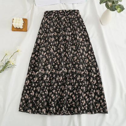 Women's Summer Skirts Vintage Floral Printed Chiffon Skirts High-waisted Elastic Waist Relaxed Mid-length Skirts Beach Skirts