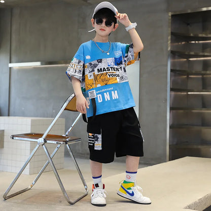 Summer Boys Cotton Alphabet Picture Printed T-Shirt Tops+Shorts Pant School Kids 2PCS Tracksuit Child Outfits Workout Set 3-16Yr