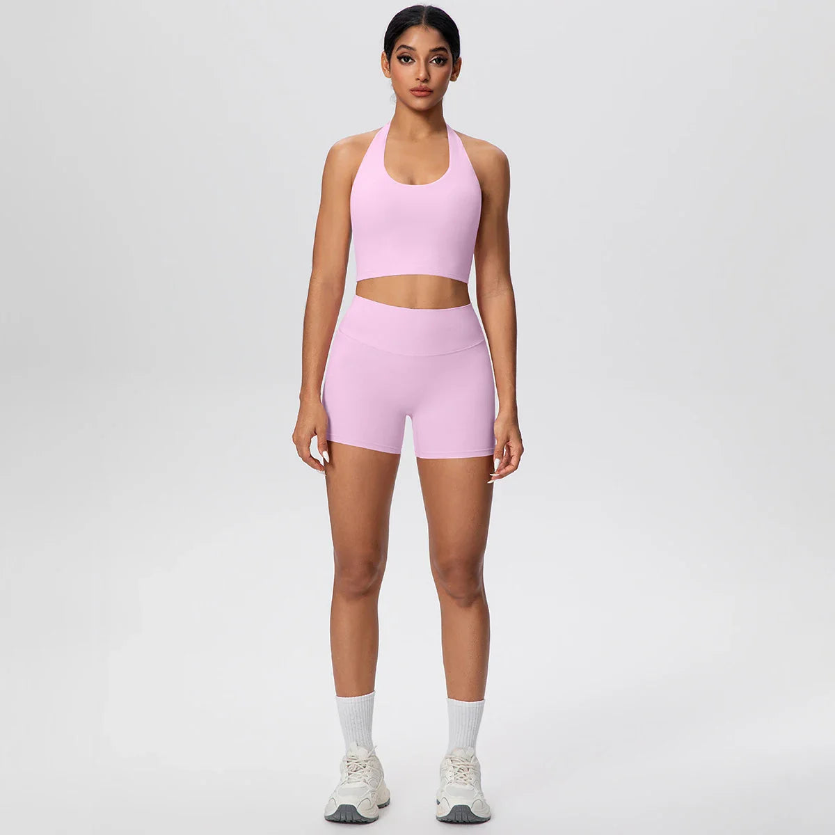 2picese Women Yoga Suit Solid Color High Waist Hip Push Up Fitness Shorts Sexy Pilates Backless Gym Hanging Neck Bra Yoga Set