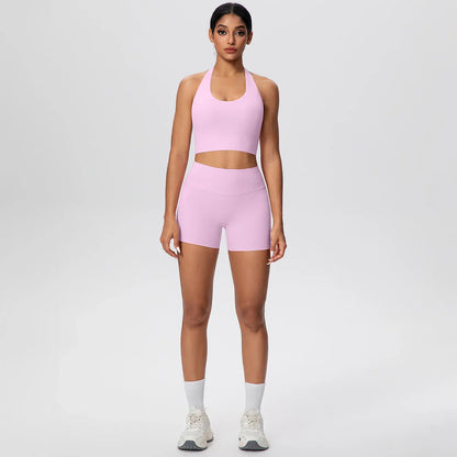 2picese Women Yoga Suit Solid Color High Waist Hip Push Up Fitness Shorts Sexy Pilates Backless Gym Hanging Neck Bra Yoga Set