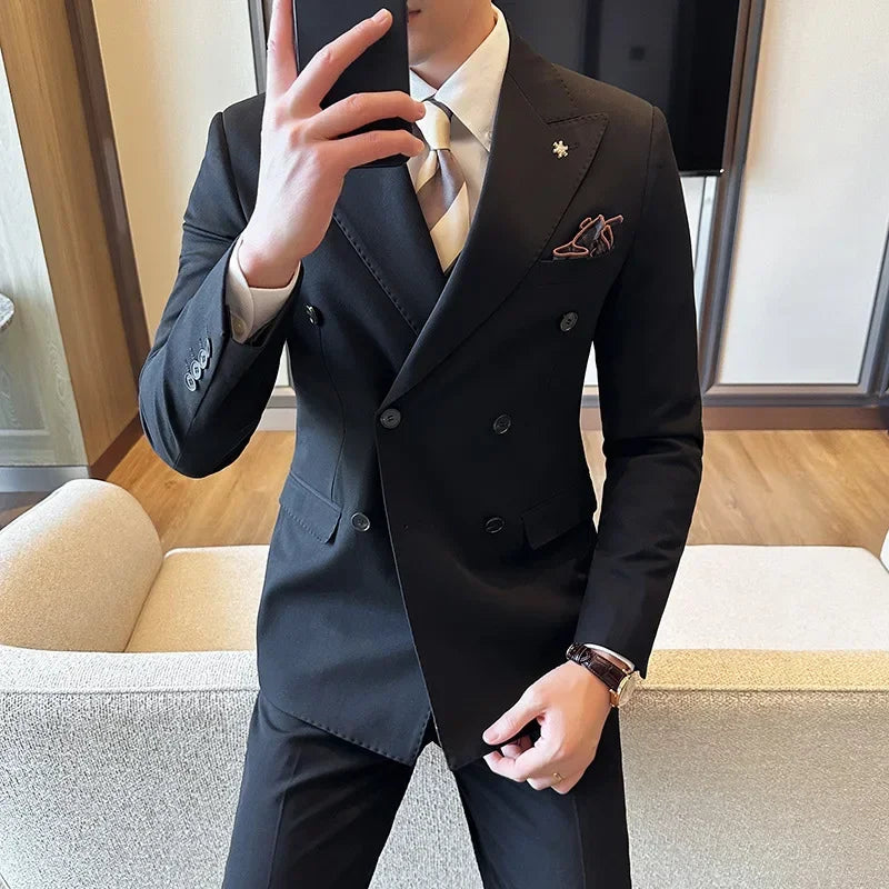 (Jackets+Pants) Luxury Double Breasted Design Slim Fit Suit High Quality Fashion Men's Wedding Social Suit Tuxedo 2 Piece Set