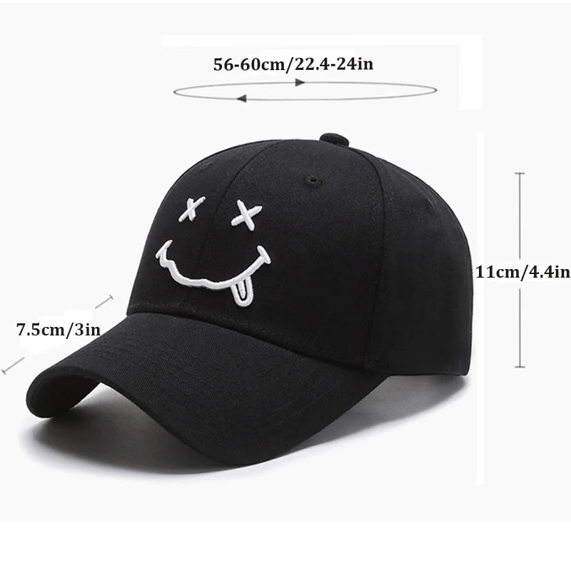 Women's Smiley Face Embroidery Baseball Caps Kpop Black Cotton Adjustable