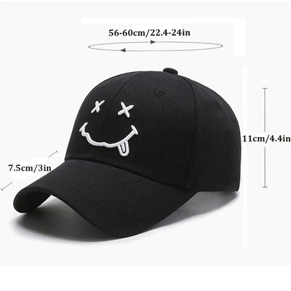 Women's Smiley Face Embroidery Baseball Caps Kpop Black Cotton Adjustable