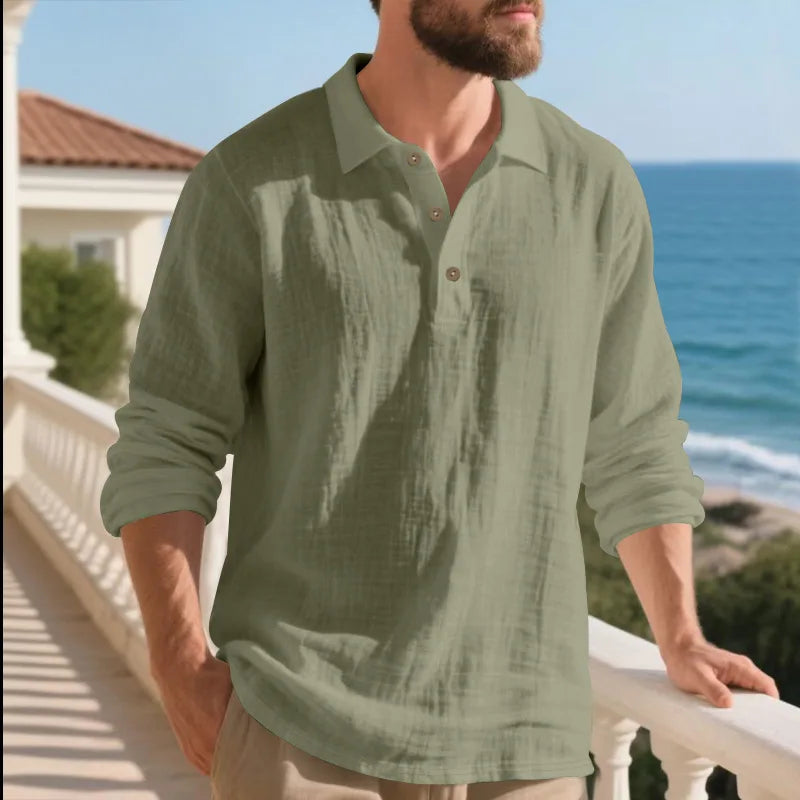 Linen shirt stand-up collar button-down men's loose casual breathable V-neck long-sleeved polo shirt