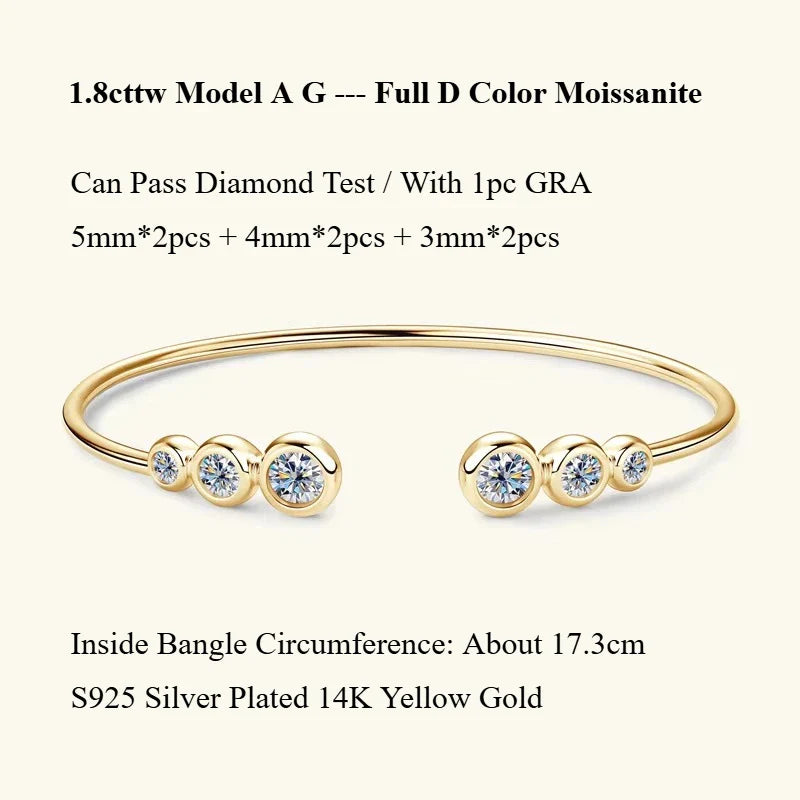 Four Prong Moissanite Cuff Bangle 5mm 0.5CT Round Cut D Color 925 Silver Open Hand Chain Bracelet For Women Girl Lady Gift