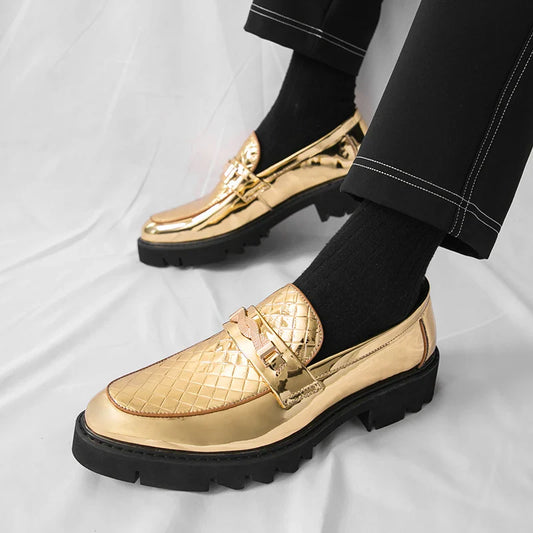 British Style Gold Luxury Loafers For Man Leather Shoes Design Pointed Toe Men's Dress Shoes Casual Wedding Formal Shoes Men