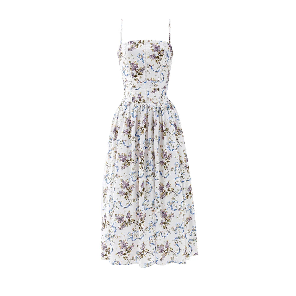 Summer Floral Print Dress Elegant 2025 New Arrivals Spaghetti Strap Flare Dress Maxi Holiday Party Dresses Women