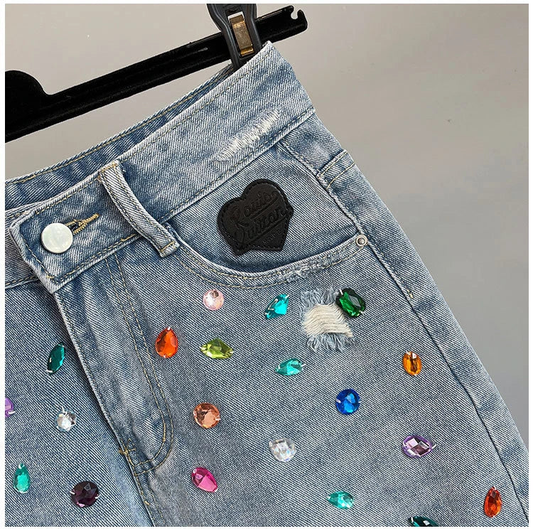 Colorful Diamond Studded Nail Bead Ripped Jeans Blue High Waisted Loose Shorts Shiny Fashionable Versatile Casual Trousers