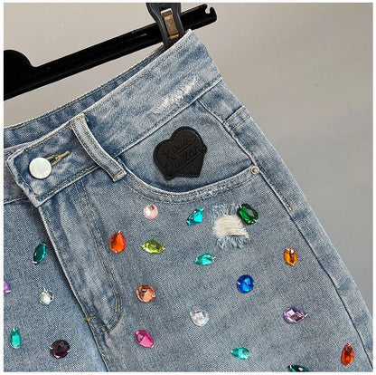 Colorful Diamond Studded Nail Bead Ripped Jeans Blue High Waisted Loose Shorts Shiny Fashionable Versatile Casual Trousers