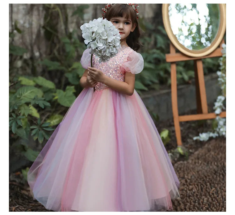 Girls Dress Color Mesh Dress Long Sequin Children's Skirt Girls Piano Host Costumes#323
