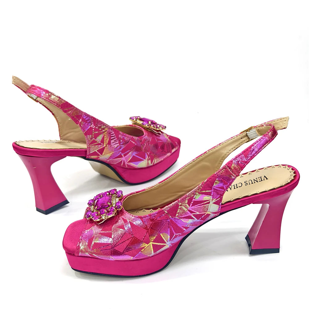 Elegant Women Heels for Peep Toe Good Material Design Rhinestone Fuchsia Sandals Italian Shoes and Bags Matching Set 2025