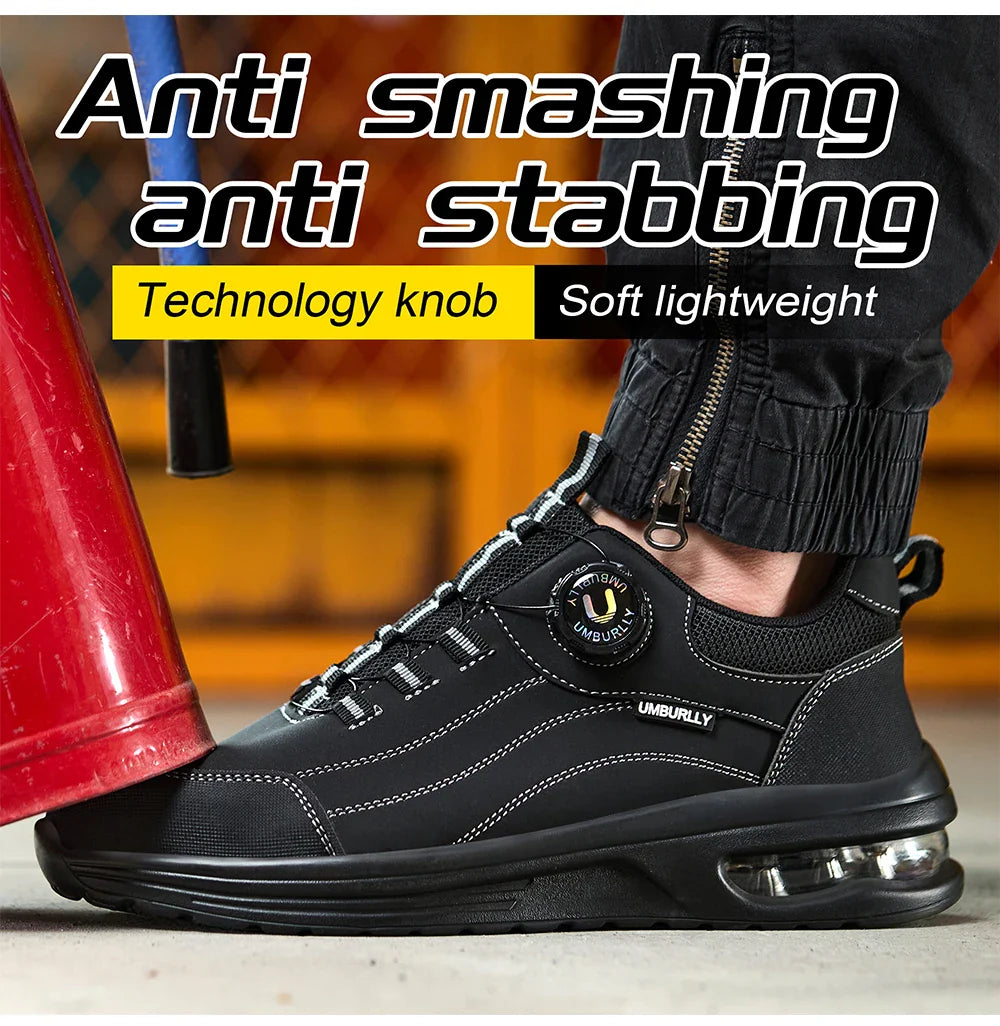Men's Steel Toe Safety Work Boots Puncture Resistant Kevlar Midsole Air Cushioned Black Button Style Industrial Construction