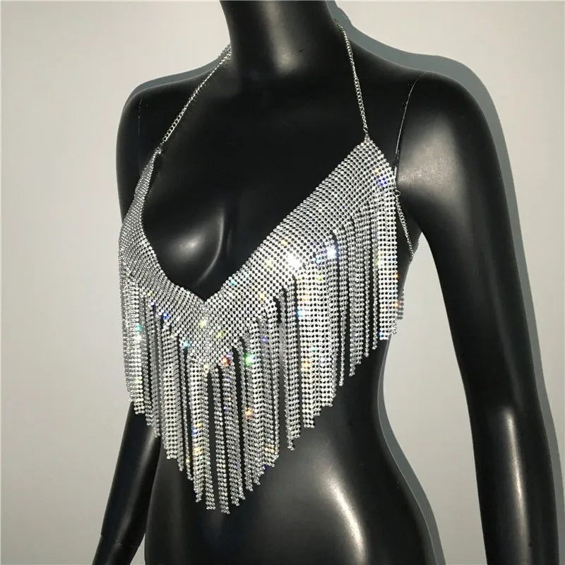 Bling Rhinestones Tassel Party Crop Top Woman Fashion Halter Neck Backless Design Full Diamond Sequins Nightclub Clubwear