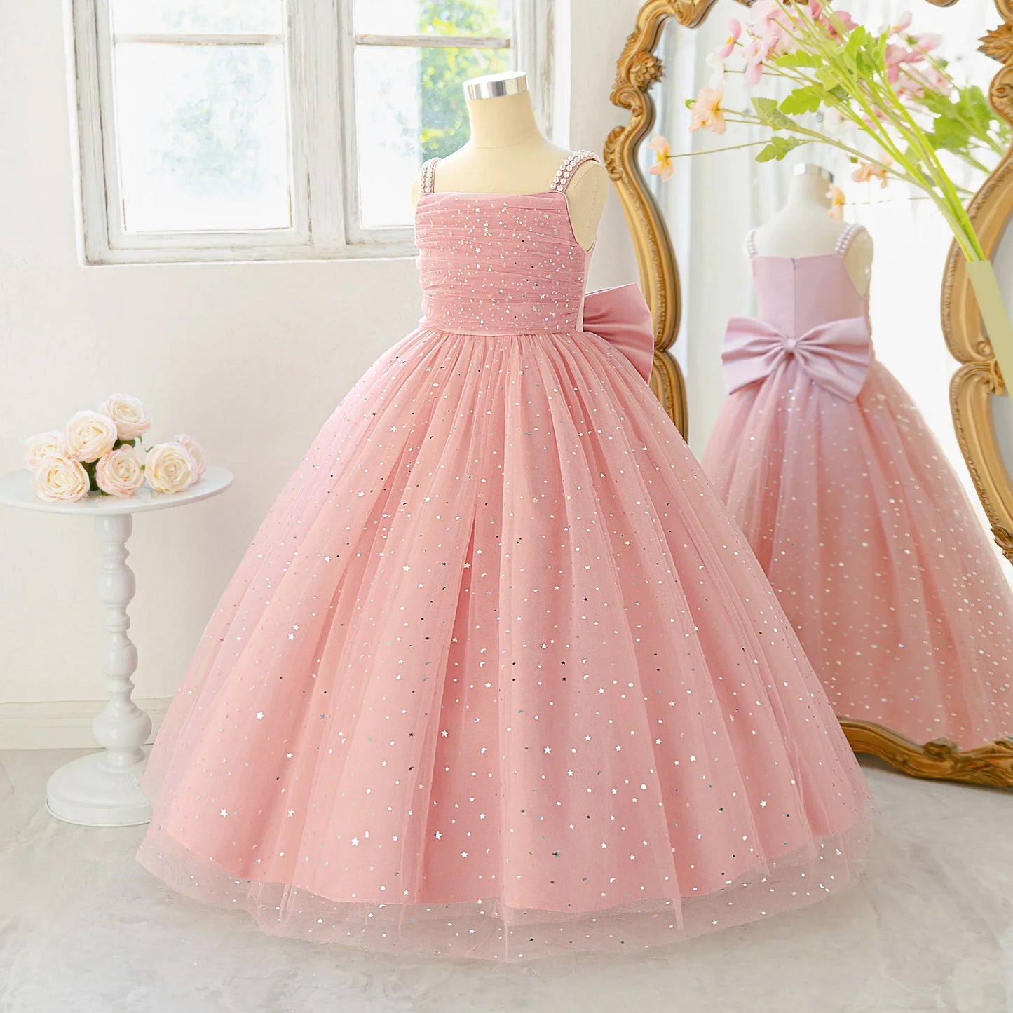 Elegant Sequins Bridemaids Girl Dress Summer Big Bow Tulle Wedding Princess Party Prom Dresses Girls Birthday Evening Ball Gown