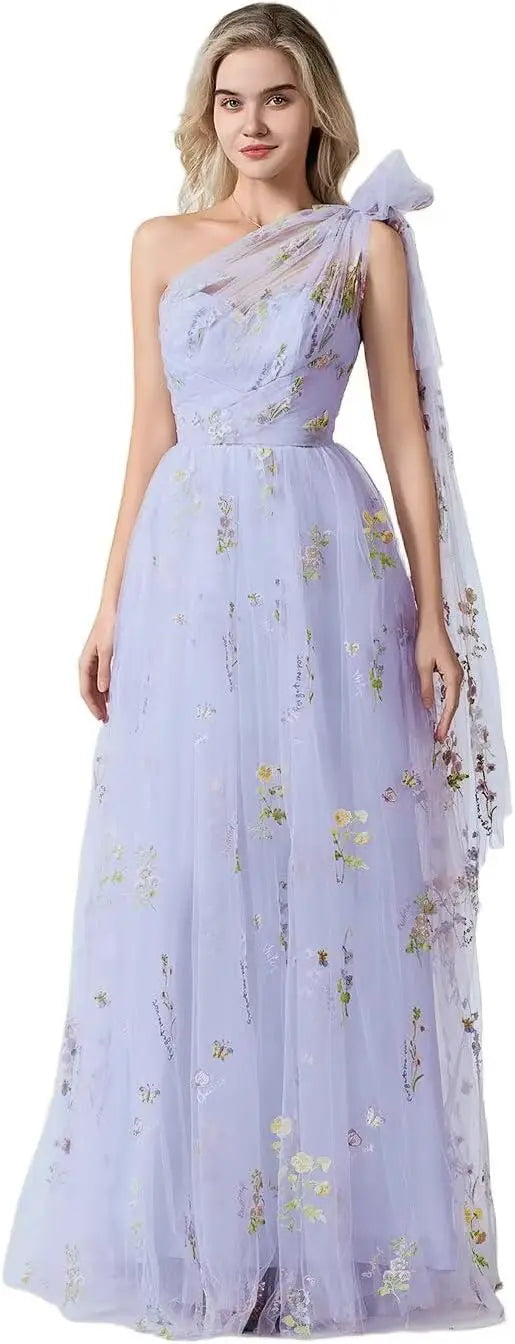 Vestido Longo de Formatura Feminino Elegante de Um Ombro Só com Bordado Floral em Tule, Modelo Godê para Festas de Gala