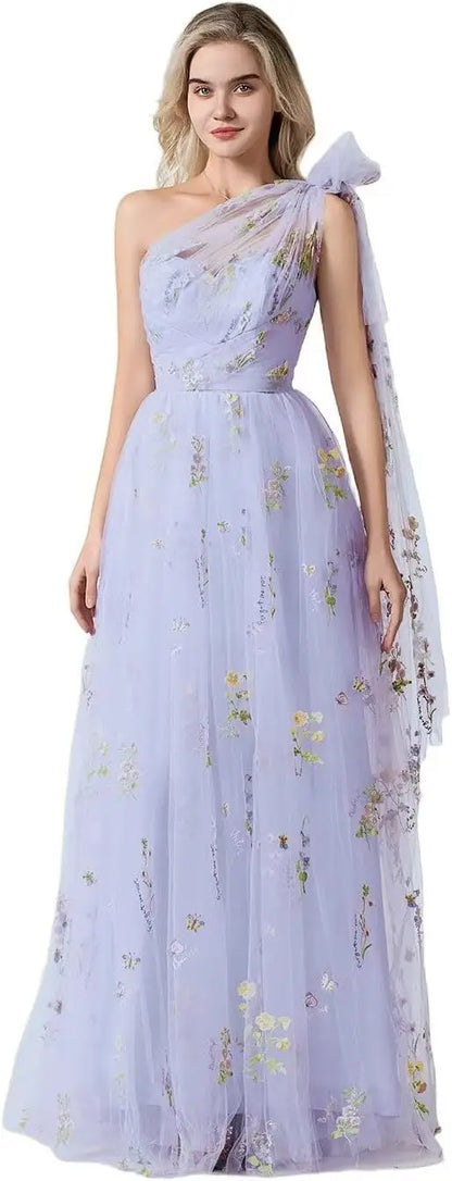 Vestido Longo de Formatura Feminino Elegante de Um Ombro Só com Bordado Floral em Tule, Modelo Godê para Festas de Gala