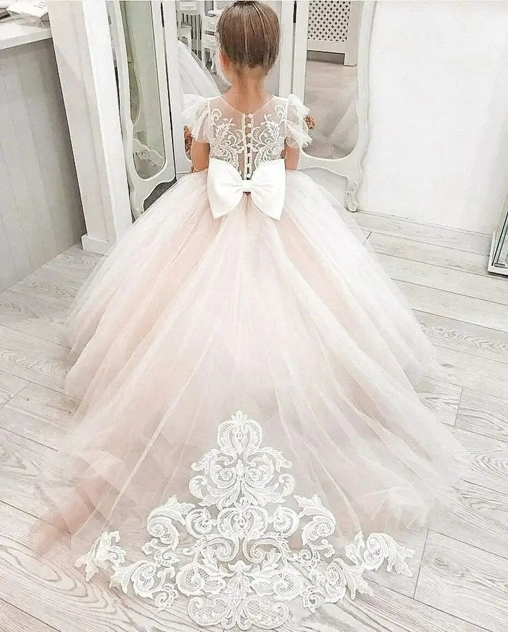 Pretty Dress Pink Flower Girl Dress Princess Lace Floral Appqulies Tulle Fluffy Skirt Floor Length Ball Gowns Comuunion Party