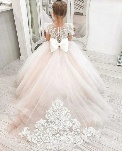 Pretty Dress Pink Flower Girl Dress Princess Lace Floral Appqulies Tulle Fluffy Skirt Floor Length Ball Gowns Comuunion Party