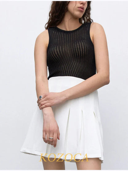 100% Wool Chic Solid Tanks Elegant Striped See Through Hollow Out Women Tops Sleeveless Elastic Tops Club Party Clothes