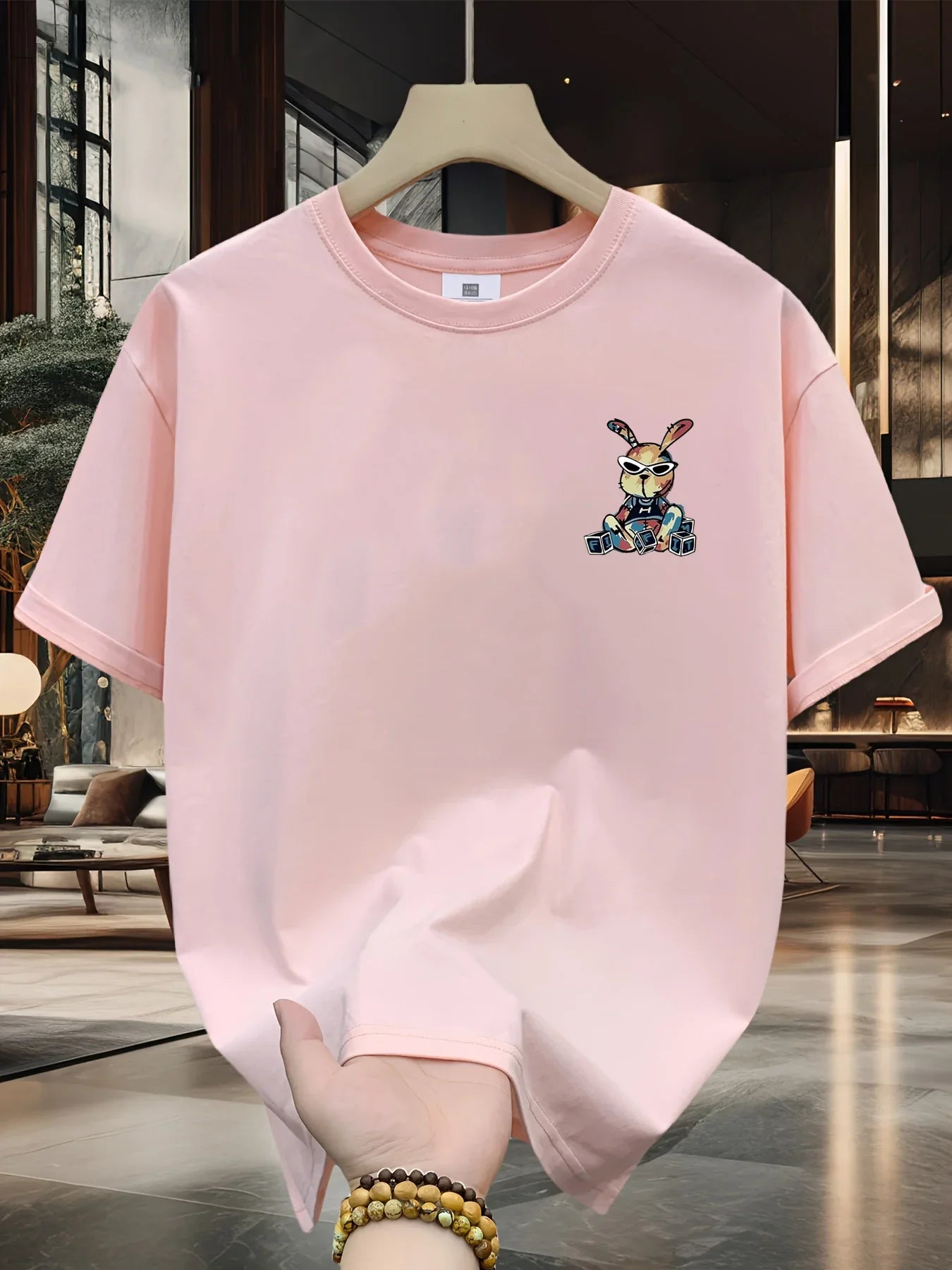 Men's summer 100% pure cotton fashionable casual loose black rabbit cartoon pattern printed round neck short sleeved T-shirt top