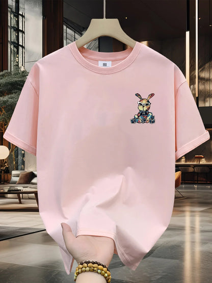 Men's summer 100% pure cotton fashionable casual loose black rabbit cartoon pattern printed round neck short sleeved T-shirt top