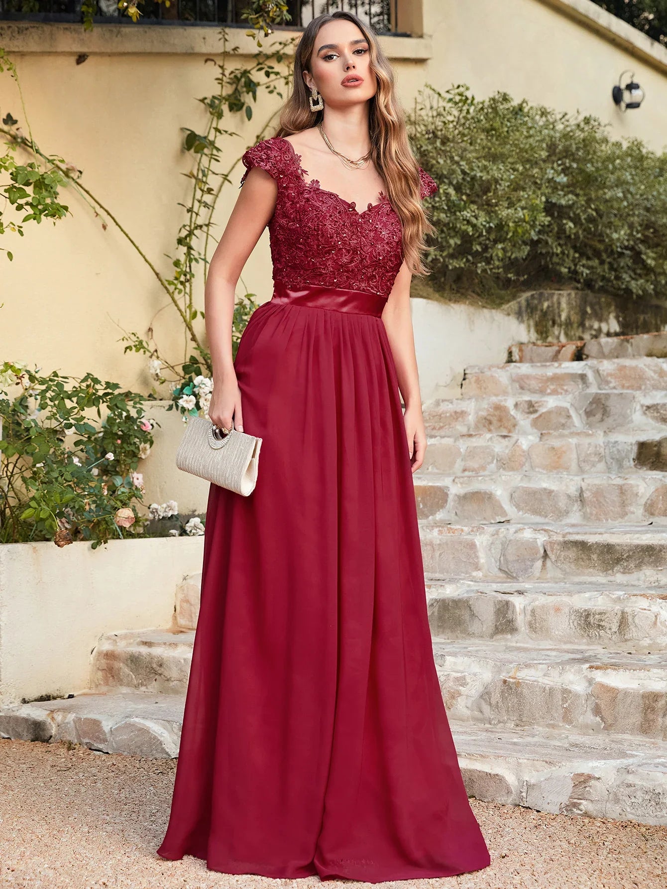 A-line V Neck Sleeveless Floral Lace Chiffon Back Hollow Long Paty Bridesmaid Dress Women 2024 For Wedding Sexy Evening Dress