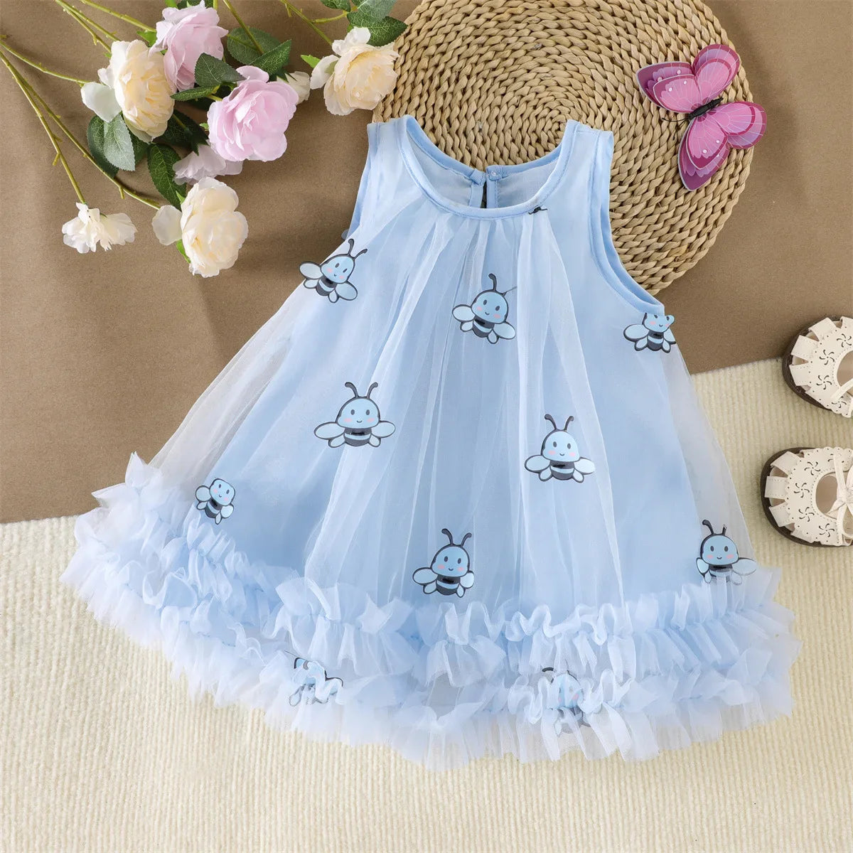 2026 Summer 12M-5Y Childrens Clothes Cute Bee Print Girls Dress with Tulle Skirt Sleeves Fluffy Dress for Girls