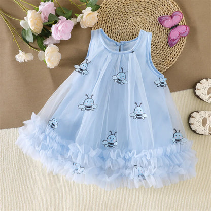 2026 Summer 12M-5Y Childrens Clothes Cute Bee Print Girls Dress with Tulle Skirt Sleeves Fluffy Dress for Girls