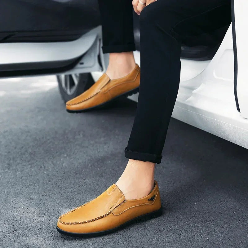 Men’s leather loafers dress shoes casual formal cowhide slip-on brown