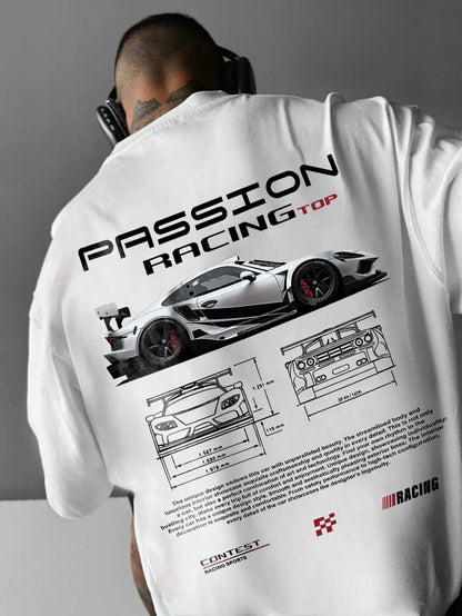 Men's summer 100% pure cotton fashionable casual sports loose racing graphic print round neck short sleeved T-shirt top
