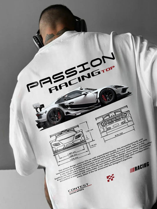 Men's summer 100% pure cotton fashionable casual sports loose racing graphic print round neck short sleeved T-shirt top