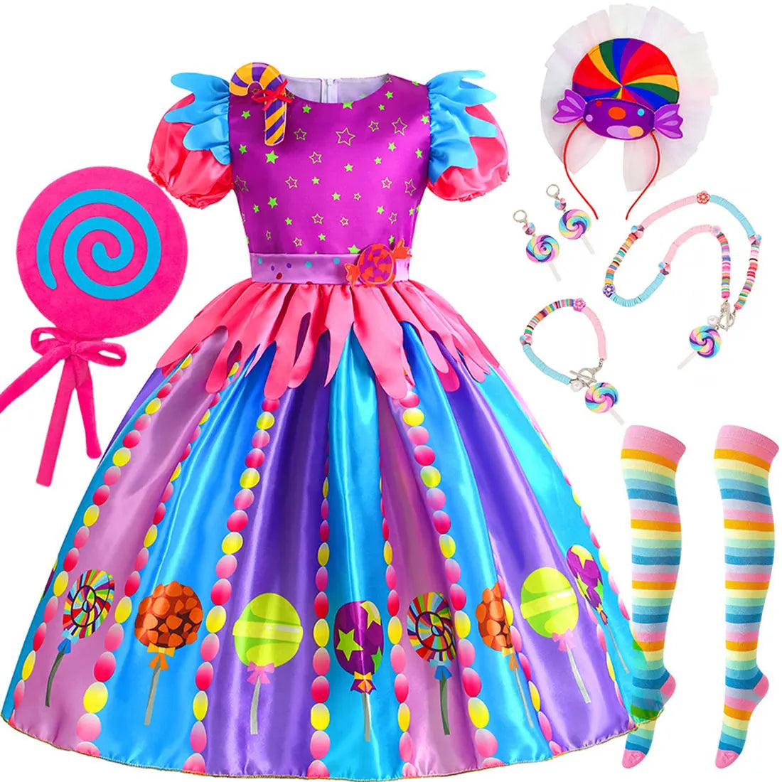 Sweet Lollipop Candy Girl Dress Rainbow Tutu Children's Birthday Carnival Party Costume Kids' Fancy Wedding Clothes