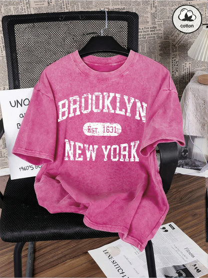 Brooklyn Est 1631 New York Prints Washed T-Shirt Mens Cotton Oversized T Shirts Casual Distressed O-Neck Tops Summer Male Tees