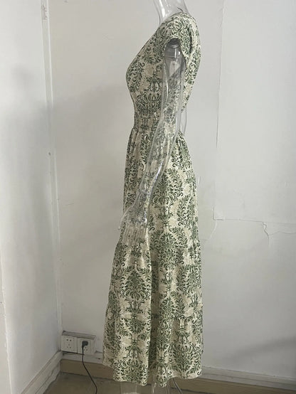 2025 vintage printed dress fashionable and elegant V-neck short sleeved jumpsuit long skirt women's clothing
