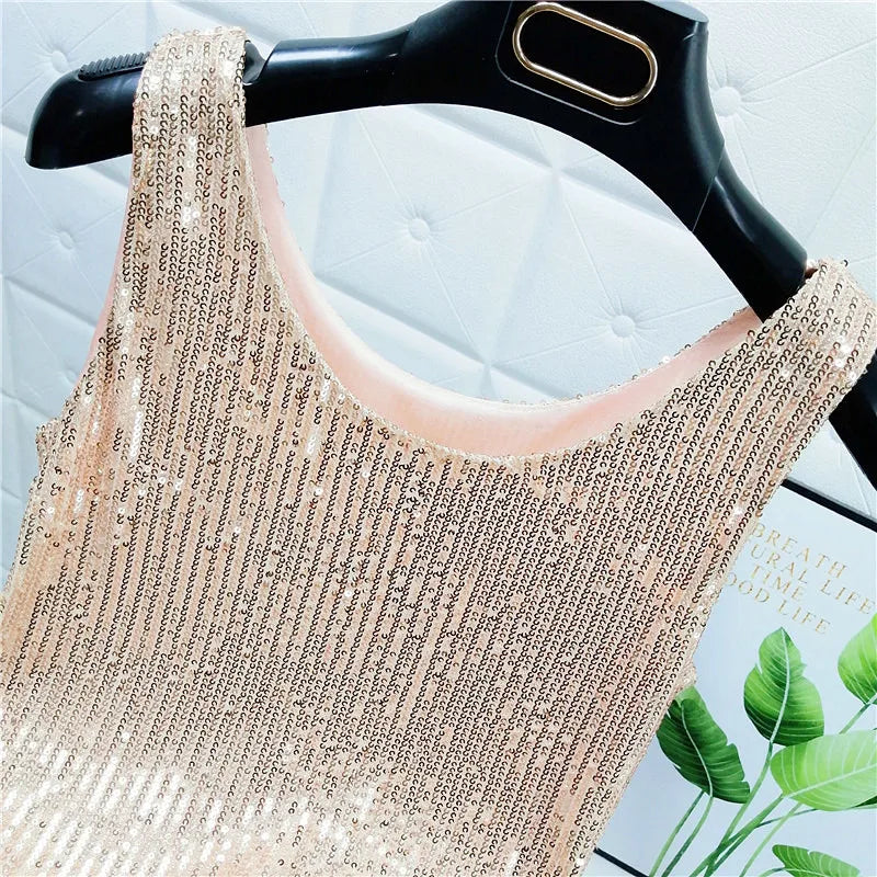 Sparkling Sequins Round Neck Vest Women's Outer Wear 2022 Summer New Bright Silk Fashion Glitter Bottoming Shirt Suspender Top