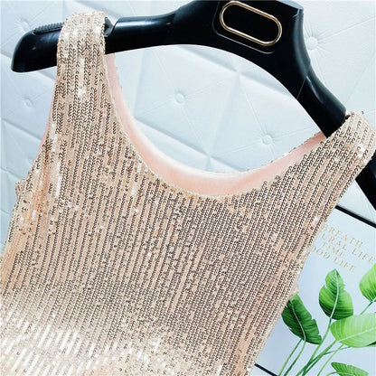Sparkling Sequins Round Neck Vest Women's Outer Wear 2022 Summer New Bright Silk Fashion Glitter Bottoming Shirt Suspender Top