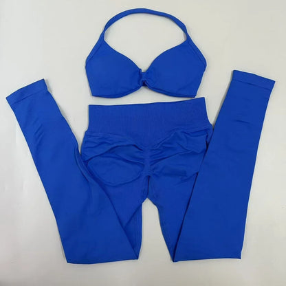 2pcs Seamless Yoga Set Women Yoga Scrunch Leggings Set Strappy Halter Sports Bra Fitness Gym Clothing Workout Set