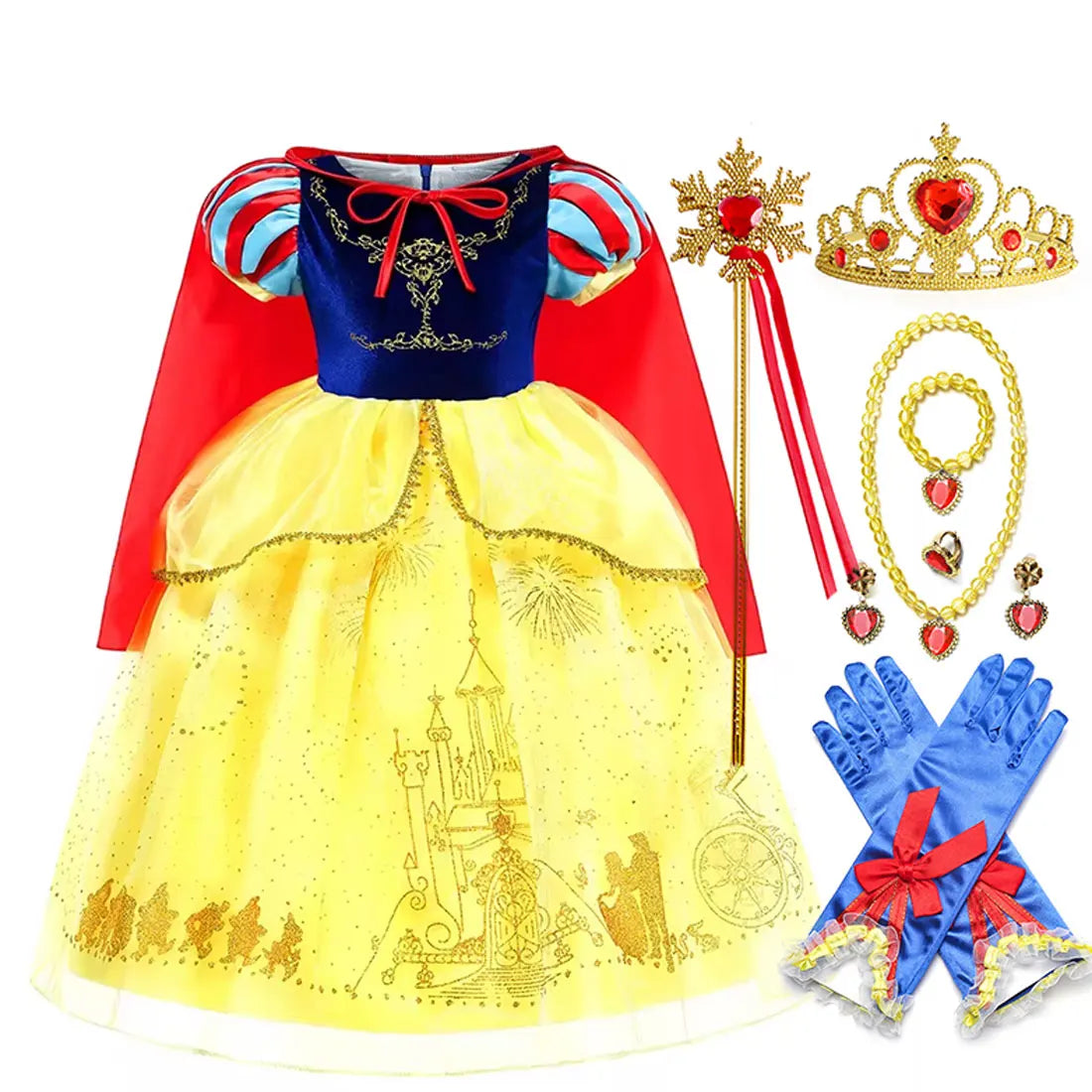 Vestido Laranja Disney Princesa Cosplay de Manga Curta Fofo com Renda para Meninas + Capa + Conjunto de Acessórios Presente de Aniversário