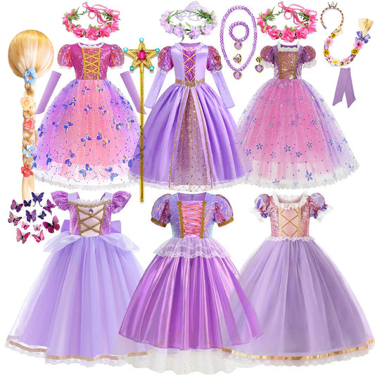 Short Sleeve Purple Puffy Dress + Accessories Girls Cosplay Rapunzel Summer Casual Dress Birthday Party Gift