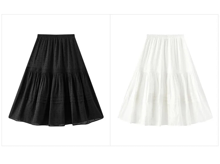 Skirt Women Elastic Waist A-Line Elegant 2025 New Summer Patchwork Lace Polka Dot Long Skirt Graceful for Daily Wear